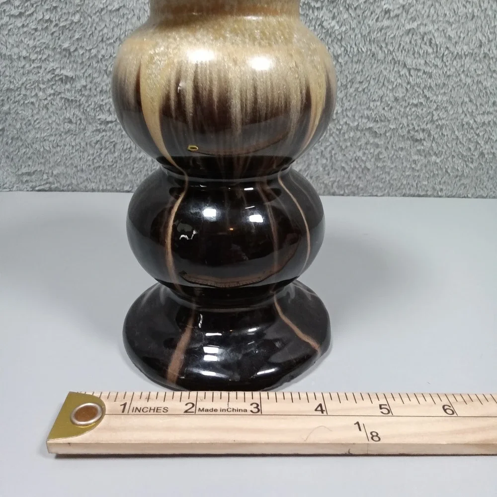 Vintage Style Brown Tan Drip‎ Glaze Ceramic Triple Bulbous Pillar Candle Holder